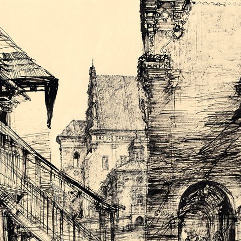 Kazimierz Dolny – Widok na podcienia w rynku i farę (1960)