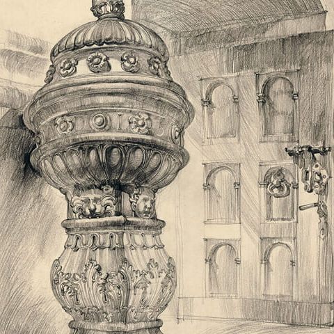 Kazimierz Dolny – Chrzcielnica kamienna – Fara (1954)