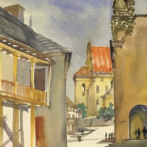 Kazimierz Dolny – Widok na podcienia w rynku i farę (1956)