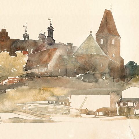 Strzelno – panorama wzgórza z rotundą Św. Prokopa i opactwem Norbertanek (1960)
