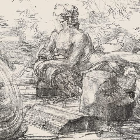 Warszawa – Łazienki, rzeźba ogrodowa, alegoria rzeki Bug (1963)