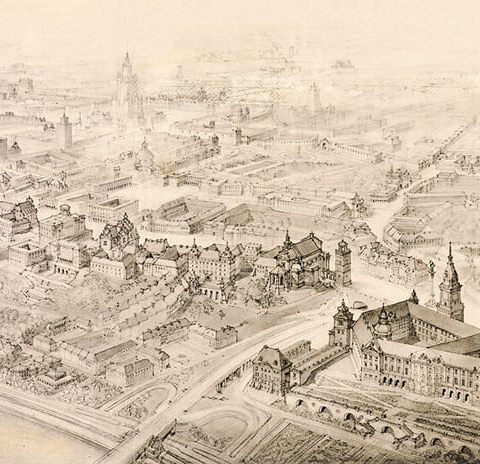 Warszawa – wizja socrealistyczna panorama z „lotu ptaka“ (1954)